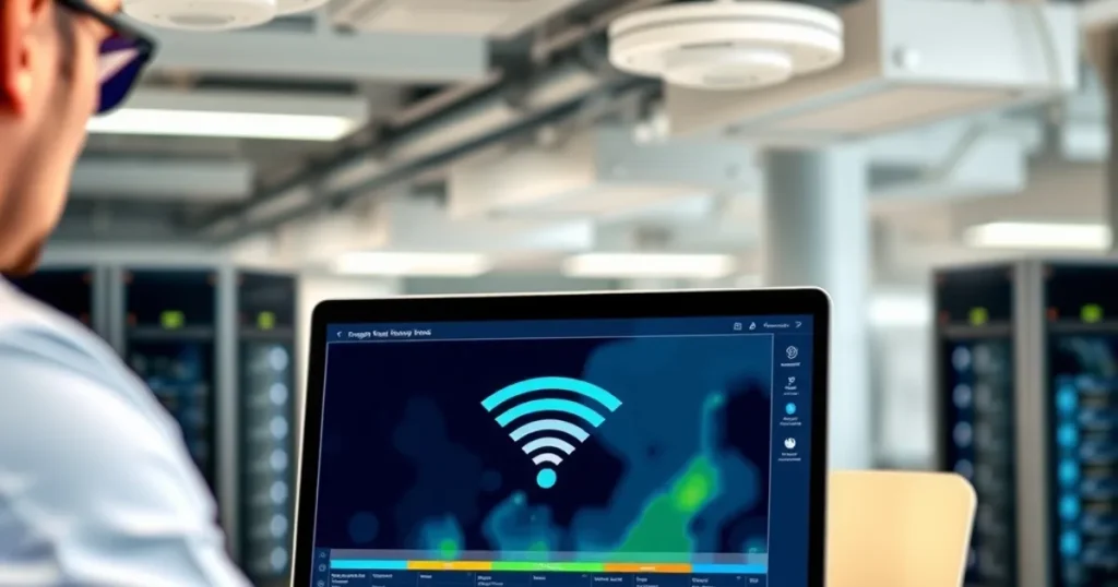 Engenheiro de redes analisando mapa de cobertura Wi-Fi em projeto corporativo