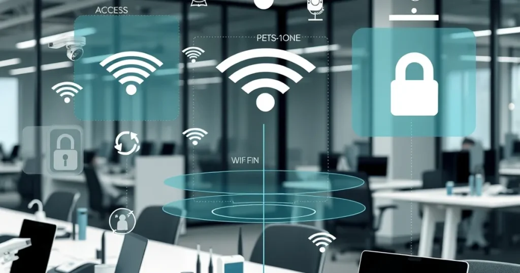 Ambiente corporativo com diversos dispositivos conectados ao Wi-Fi e visualização de controle de acesso NAC