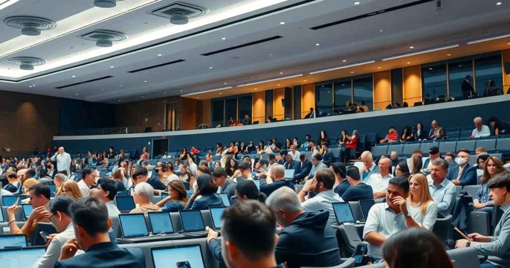Auditório corporativo com muitas pessoas conectadas simultaneamente à rede Wi-Fi