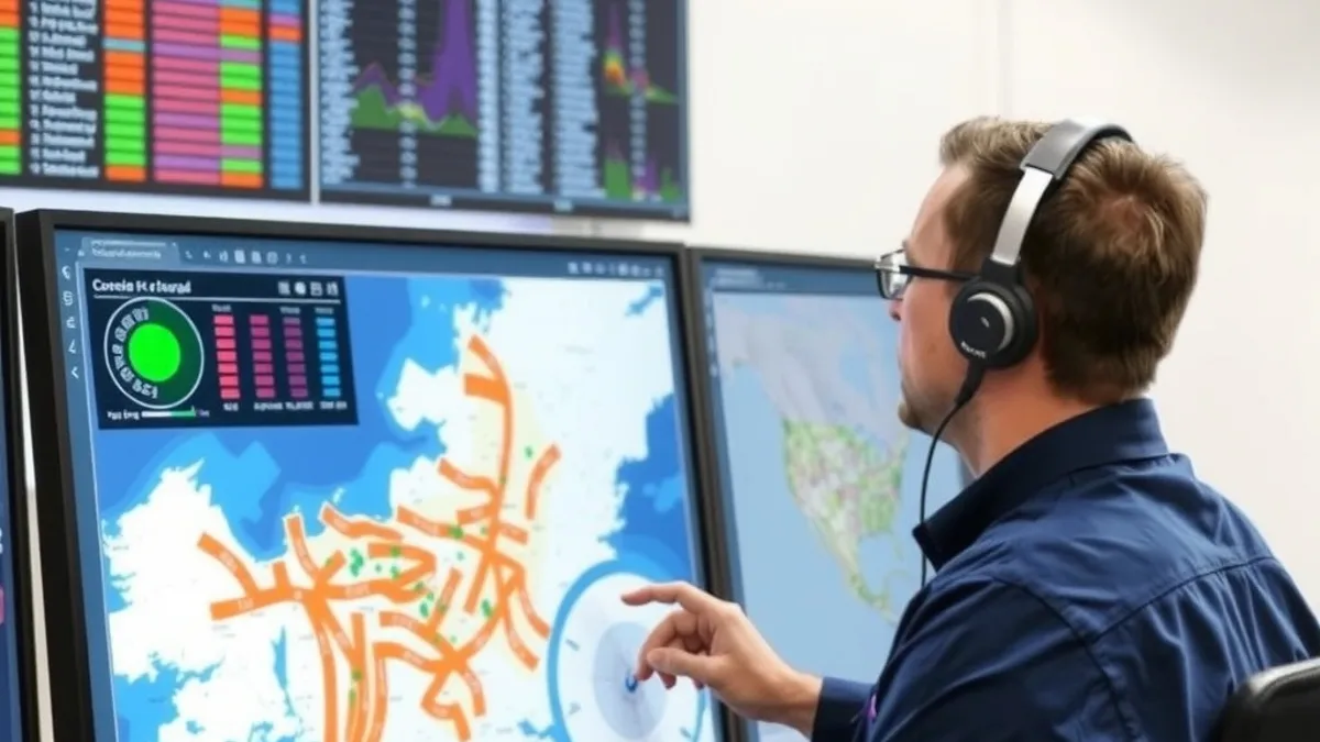 Profissional analisando mapa de cobertura e capacidade de rede Wi-Fi corporativa
