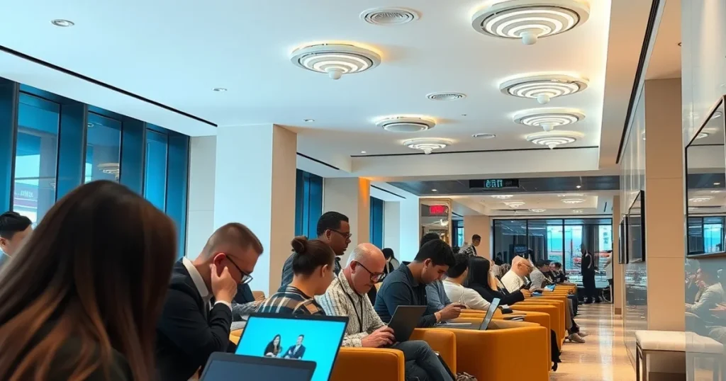 Lobby de hotel moderno com hóspedes utilizando dispositivos conectados ao Wi-Fi corporativo